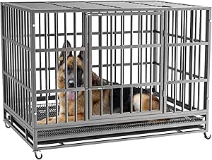 LEMBERI 48/38 inch Heavy Duty Indestructible Dog Crate, Escape Proof Dog Cage Kennel with Lockable Wheels,High Anxiety Double Door Dog Crate,Extra Large Crate Indoor for Large Dog with Removable Tray