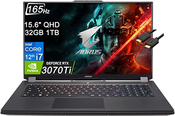 GIGABYTE 2022 AORUS 15 XE5 (15.6" QHD 165Hz, Intel 12th Gen i7-12700H, 32GB RAM, 1TB PCIe SSD, GeForce RTX 3070Ti) Thin Bezel IPS Gaming Laptop, Thunderbolt 4, RGB Backlit, IST Cable, Win 11 Home