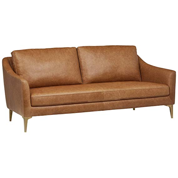 Rivet Alonzo Contemporary Modern Leather Sofa Couch, 80"W, Cognac