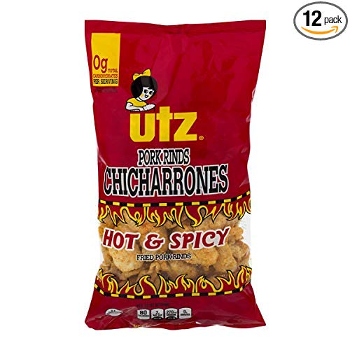 Utz Pork Rinds, Hot and Spicy Flavor (12 Bags) – Keto Friendly Snack with Zero Carbs per Serving, Light and Airy Chicharrones with the Perfect Amount of Salt, 5 oz