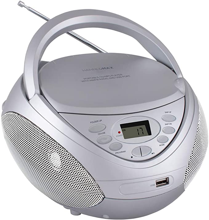 HANNLOMAX HX-326CD Portable CD/MP3 Boombox, AM/FM Radio, USB Port for MP3 Playback, Aux-in, LCD Display, AC/DC Dual Power Source (Silver)