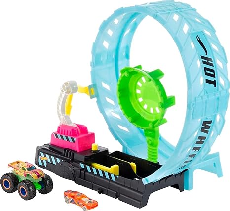 Hot Wheels Monster Trucks Glow in The Dark Epic Loop Challenge Playset with Launcher, Ramp & Giant Loop, Includes 1 1:64 Scale Die-Cast Truck & 1 Car, Toy Gift for Kids 4 to 8 Years Old