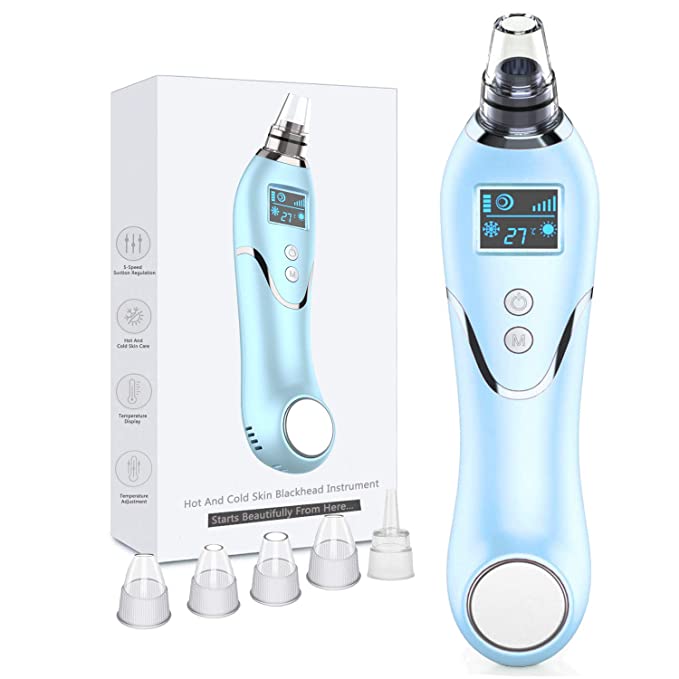 Sovob Blackhead Remover Vacuum Pore Cleaner Electric Blackhead Removal Acne Comedone Extractor Tool with Hot/Cold Care LED Display USB Rechargeable 5 Adjustable Suction Power 5 Probes (Blue)