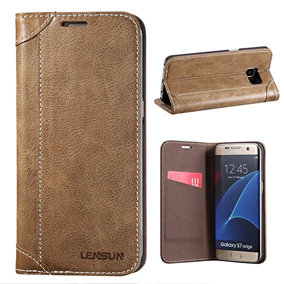 Samsung Galaxy S7 Edge Case, Lensun Genuine Leather Wallet Magnetic Flip Case Cover for Samsung Galaxy S7 Edge 5.5" - Coffee (DX-CE-S7E)