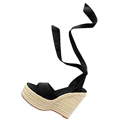 Ermonn Womens Peep Toe Platform Wedge Sandals Espadrille Ankle Strap Mid Heel Braided Sandals