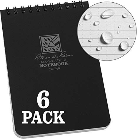 Rite in the Rain Weatherproof Top Spiral Notebook, 4" x 6", Black Cover, Universal Pattern, 6 Pack (No. 746L6)