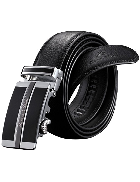 KS Men's Dress Black Genuine Leather Belt Slide Automatic Lock Buckle KB017