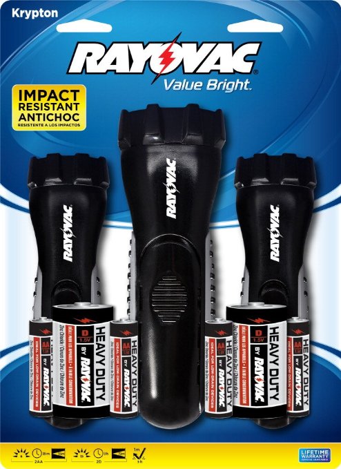 Rayovac Value Bright 15 Lumen 2D Krypton Flashlight and Two 6 Lumen 2AA Krypton Flashlights Combo Pack with Batteries (GPR2AA2AA2D-B)