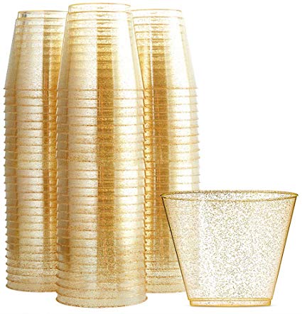 WDF 200pcs 9OZ Gold Cups,Disposable Gold Glitter Plastic Cups-Premium Wedding Cups-Party Cups