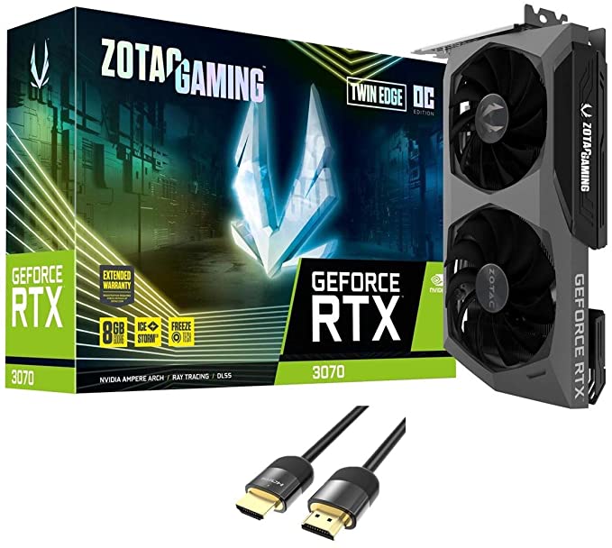 ZOTAC GeForce RTX 3070 Twin Edge OC Graphics Card, DirectX 12, 8GB 256-Bit GDDR6, PCIe 4.0, IceStorm 2.0 Advanced Cooling, 1x HDMI 2.1 3X DisplayPort 1.4a w/ Mytrix HDMI 2.1 Cable(4k@120Hz/8K@60Hz)