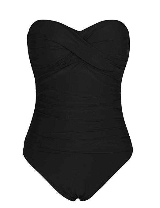 Hilor Women's Bandeau One Piece Swimsuits Front Twist Swimwear Ruched Bathing Suits Tummy Control