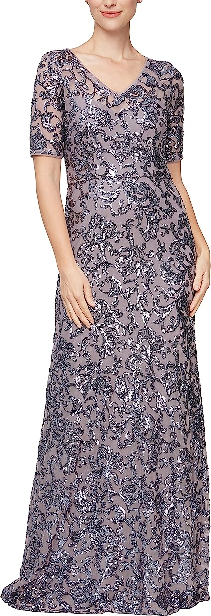 Alex Evenings Women's Long A-line Sequin Lace Dress Short Sleeves (Regular Petite)