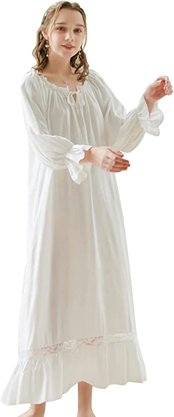 LAPAYA Women's Victorian Cotton Nightgown Lace Trim Vintage Sleepwear Long Sleeve Sleepshirts