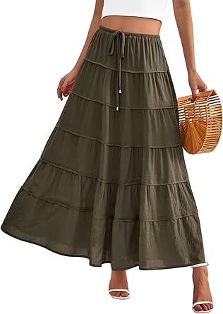 BTFBM Women Summer Tiered Maxi Skirt Drawstring Elastic Mid-Waist A Line Boho Beach Dress Flowy Long Skirts with Pocket