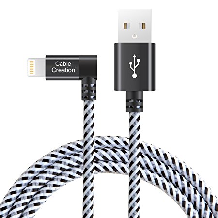 CableCreation Metal Plug and Cotton Jacket Angled Lightning to USB Cable, 4 Feet - Black / White