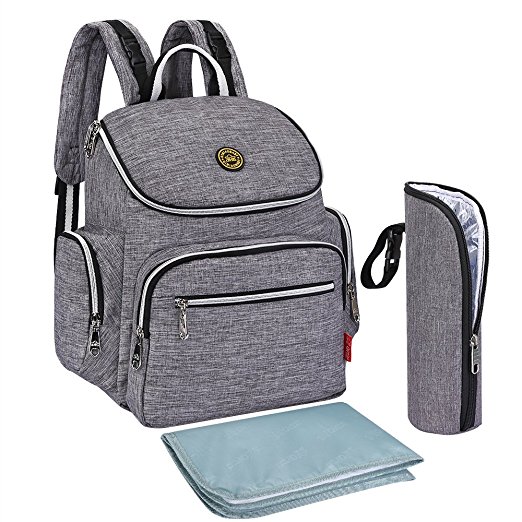 S-ZONE Multi-function Baby Diaper Bag Backpack with Changing Pad and Portable Insulated Pocket (Grey)