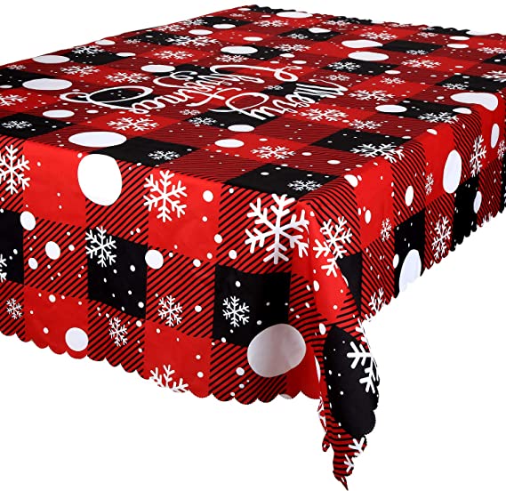 Buffalo Check Christmas Tablecloth Checkered Snowflake Tablecloth Black and Red Plaid Tablecloth for Holiday Christmas Decoration Party Supplies, 72 x 58 Inches