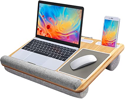 HUANUO Lap Desk - Fits up to 17 inches Laptop Desk, Built in Mouse Pad & Wrist Pad for Notebook, MacBook, Tablet, Laptop Stand with Tablet, Pen & Phone Holder (Wood Grain)