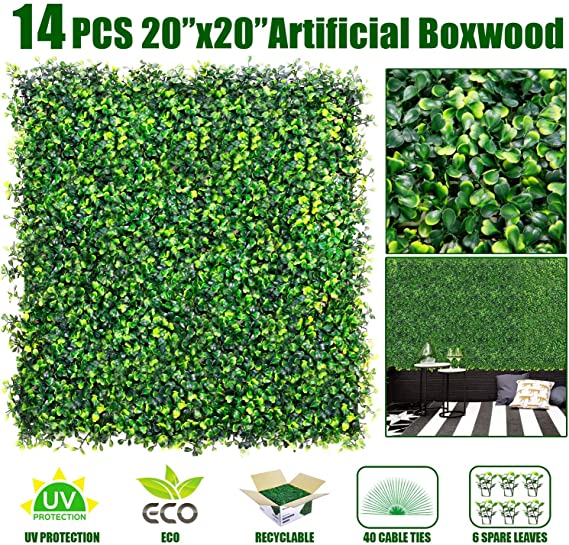 Newtion 14Pack 20"x20" 38.89 Square Artificial Boxwood Grass Backdrop Panels Topiary Hedge Plant, UV Protected Privacy Hedge Screen Faux Boxwood for Outdoor,Indoor,Garden,Fence,Backyard,Greenery Walls