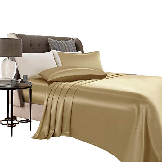 ARTALL Silky Super Soft 4 Piece Deep Pocket Satin Sheet Set, Full Size Golden