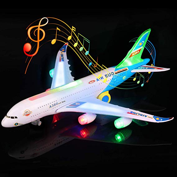 Feroxo Airplane Toys Airbus A380 Jet Plane - Realistic LED Lights & Engine Sounds,Bump and Go Action Electric Light Up Toys for Boys Girls Toddlers Kids Age 2 and Up(Colors May Vary)