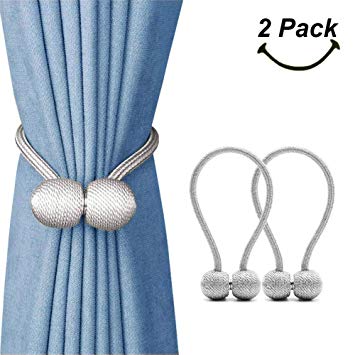 SmallDot Magnetic Curtain Tiebacks, 16 Inch Window Holdbacks Drapes Holders Hooks, Decorative Weave Rope Clips Strong Magnet for Home Office Restaurant Décor, Pack of 2, Grey