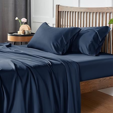 CozyLux Bamboo Sheets King Size, 100% Organic Bamboo Viscose, Oeko-TEX Certified Luxuriously Soft & Cooling Silky Sheet Set - 16" Deep Pockets 4 Piece Bedding Sheets & Pillowcases，Navy Blue