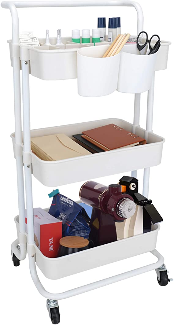 StorageWorks 3 Tier Rolling Storage Cart with Wheels, Rolling Utility Cart Organizer with Dividers for Office, Kitchen &Classroom, Beige White