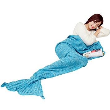 AISHN Knitted Mermaid Tail Blanket, Soft Crochet Blanket,Cute and Cozy Sleeping Bags for Sofa, Bed linens, Camping , Business Trip and Travelling Gift choice for Adults,71x35.5 inch Bright Blue