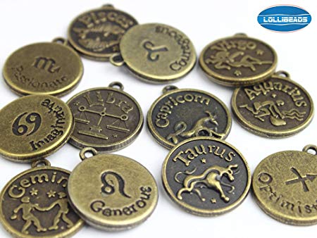 LolliBeads (TM) Jewelry Making Antique Brass Bronze Vintage Style Round Charm Zodiac Set of 12