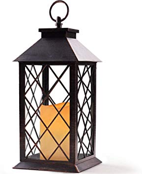 Bright Zeal 14" Tall Vintage Candle Lantern with LED Flickering Flameless Candles and Timer (Distressed BRONZE) - LED Candle Lanterns Decorative - Indoor Outdoor Hanging Lights - Candles & Holders BZS