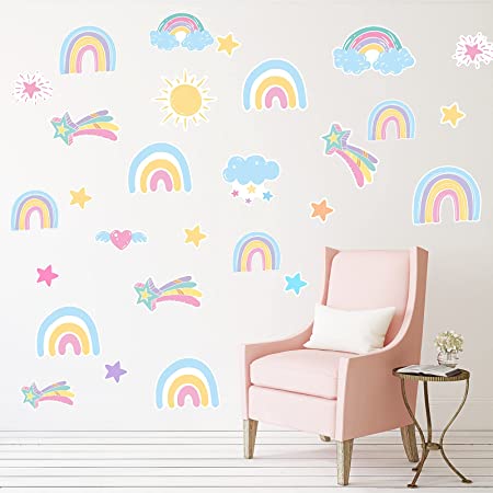 Rainbow Wall Decals Removable Sun Cloud Wall Sticker Watercolor Star Rainbow Wall Sticker Vinyl Girls Room Decorations for Nursery Baby Kids Girl Teen Bedroom (10 Sheets)