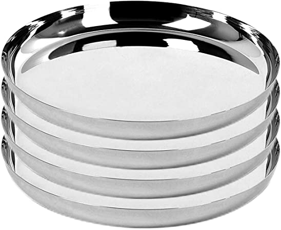 Khandekar Round Stainless Steel Dinner Plates, Round Plates Dish Set of 4, Camping Outdoor Plate - Silver, 12 inch (30 cm)
