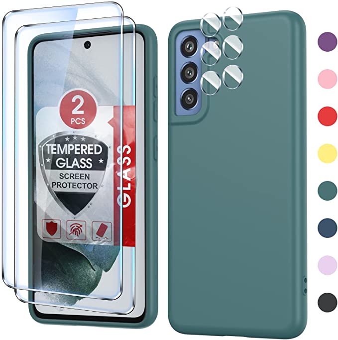 LeYi for Galaxy S21 FE 5G Case, S21 FE Case with [2 Pack] Tempered Glass Screen Protector & Camera Lens Protector, Liquid Silicone Soft Microfiber Liner Cover Case for S21 FE, Green