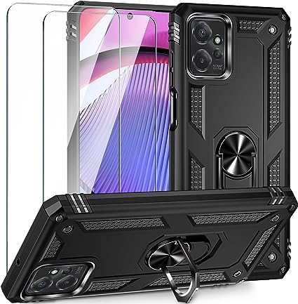 Muntinfe for Moto G Power 5G 2023 Case with 2 Pcs Tempered Glass Screen Protector, [Military-Grade] Heavy Duty Protective Phone Case with Ring Magnetic Kickstand for Motorola G Power 5G 2023, Black