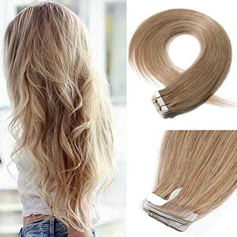 18 Inch Tape in Hair Extensions Remy Human Hair #27 Dark Blonde Long Straight Hair Seamless Skin Weft Invisible Double Sided Tape 20pc/pack 50g  10 Free Tape Bonds