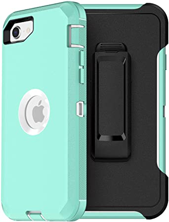 MXX iPhone SE 2020 Heavy Duty Protective Case with Screen Protector [3 Layers] Rugged Rubber Shockproof Protection Cover & Rotating 360 Degree Belt Clip for Apple iPhone SE 2020 (Aqua/White)