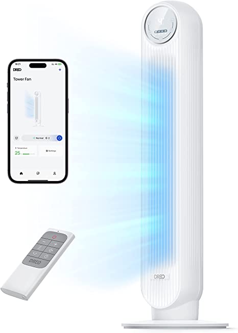 Dreo Tower Fan with Remote, Smart Oscillating Quiet Fans for Bedroom, Bladeless Standing Cooling Floor Fan with WiFi Voice Control Blow Cold Air, 4 Modes, 4 Speeds, 8H Timer, Works with Alexa/Google