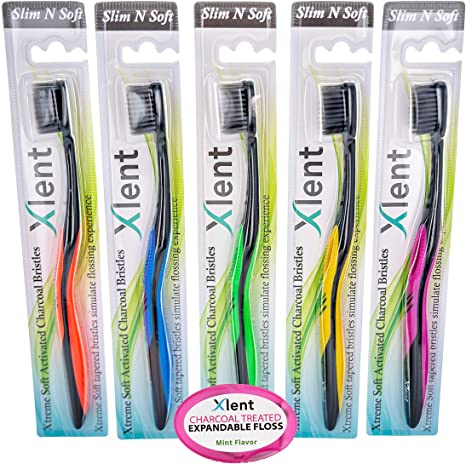 Activated Charcoal Bristle Toothbrush - Xtreme (Extreme) Soft, Ultrafine, Tapered bristles, Compact Head and Slim Design (5 Toothbrush   1 Floss 5 m)