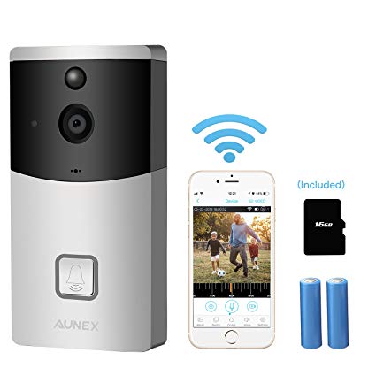 Video Doorbell, AUNEX Wireless Smart Doorbell 720P HD Camera Doorbell with 16G Card Rechargeable Batteries Support Real Time 2-way Audio , 166°Wide Angle, PIR motion detection, Night Vision and App Control for Office Home Security – Silver