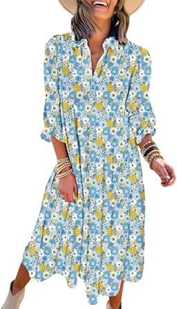 Dokotoo Women's Casual Loose Bohemian Floral Dresses 2024 Long Puff Sleeve V Neck Ruffle A Line Flowy Summer Beach Dress