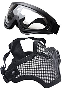 OUTGEEK Airsoft Half Face Mask Steel Mesh and Goggles Set