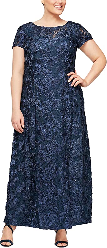 Alex Evenings Women's Plus Size Short Sleeve Long A-line Rosette Lace Dress