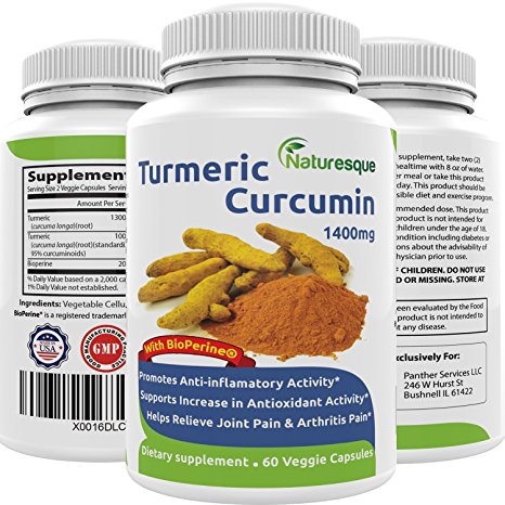 Organic Turmeric Curcumin 1400mg with 20mg BioPerine & 95% Standardized Curcuminoids - Premium Anti-Inflammatory, Antioxidant, aids in reducing joint pain - By Naturesque