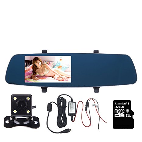 Panlelo PA-V100 5" Anti-glare HD Blue Screen Dual Lens Car Video Recorder for Vehicles Front and Rear DVR Rearview Mirror Dash Cam with Reverse Parking System