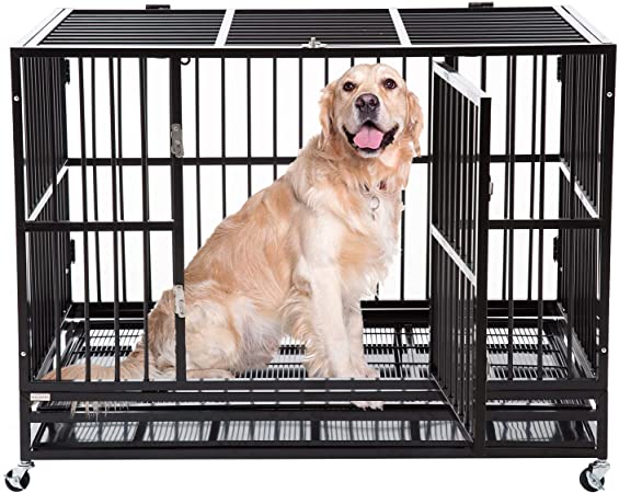 walnest Dog cage Heavy Duty Crates Pet Kennel for Large Dogs Double Door w/Metal Tray Lockable Wheels Exercise Playpen Steel 37'' 42'' 48'' 63'' Black/Silver/Brown