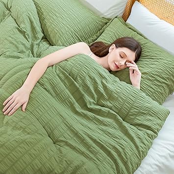 Cosybay Full Comforter Set - 3 Pieces Seersucker Bedding Comforter Set, Sage Green Down Alternative Comforter Set for All Season, 1 Comforter (82"x86") and 2 Pillow Shams (20"x26" 2")