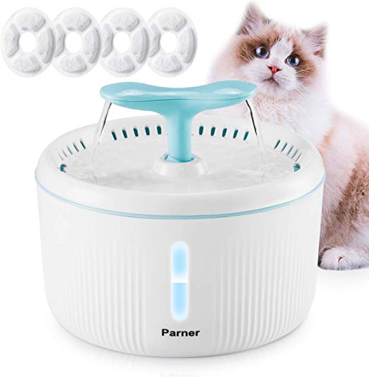 semai Cat Water Fountain, Water Dispenser for Cat with Water Level Window, Cat Flower Style Water Bowl with 4pcs Hygienic Filter, Pet Fountain with LED Light, Night-vision.