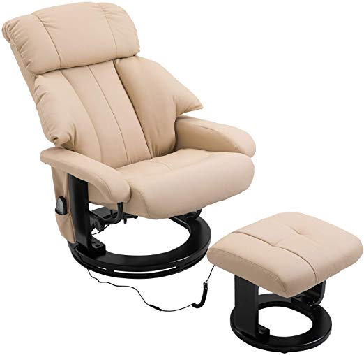 HOMCOM PU Leather Massage Swivel Recliner Chair and Ottoman with Bentwood Base - Cream White