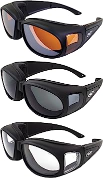 3 Pairs of Global Vision Outfitter Padded Motorcycle Safety Sunglasses Z87.1 Anti-Fog Over-The-Glasses Black Frame w/Clear Smoke & Driving Mirror Lenses
